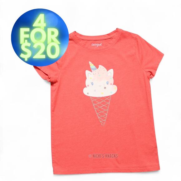 4/$20 - Cat & Jack Girls Unicorn Ice Cream Short Sleeve T-Shirt Coral Size M 7/8 - Picture 1 of 7